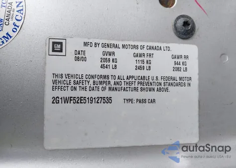 2001 Chevrolet Impala из США, поврежденный, VIN 2G1WF52E519127535